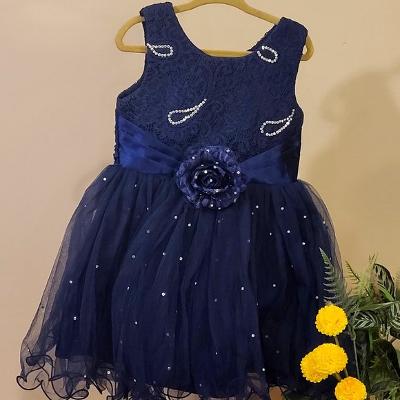 Kid's Navy Blue Frock With Beautiful Flower Bow and Flared For Party or Birthday - Picture 1 of 3